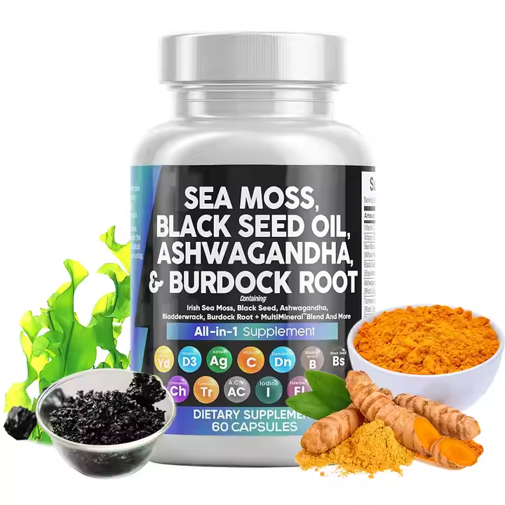 Sort frøolie og Ashwagandha-supplement Sea Moss-kapsler
